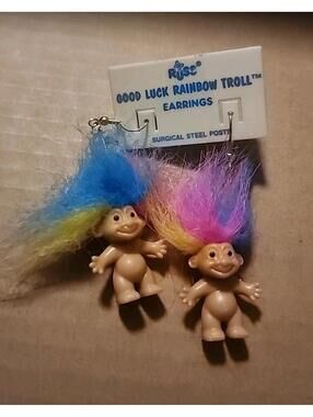 Trolls GOOD LUCK RAINBOW HAIRED EARRINGS - 2" Russ Troll Dolls